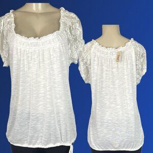 Decree L Cream Heather Shirred Scoop Neck Drawstring Hem Short Lace Sleeve Top